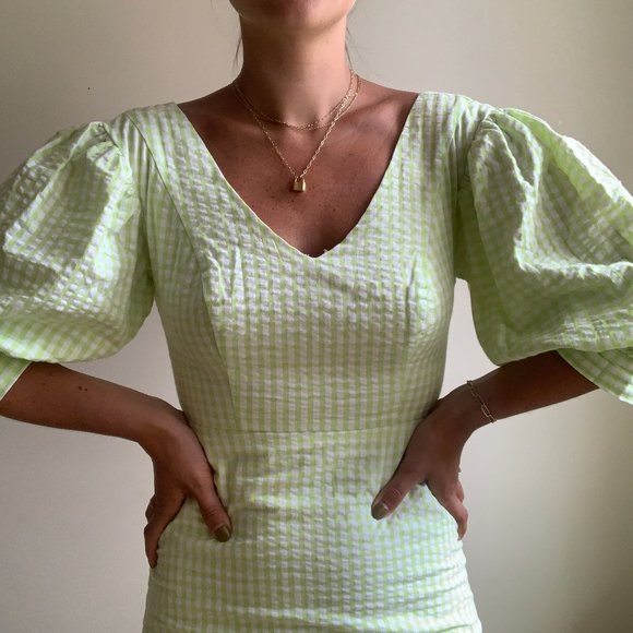 UO Lime Gingham Mini Dress